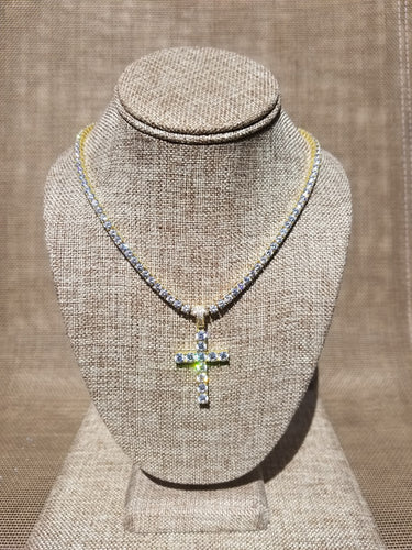 Silver Crystal Cross on Silver Crystal Chain w/ simulated diamonds