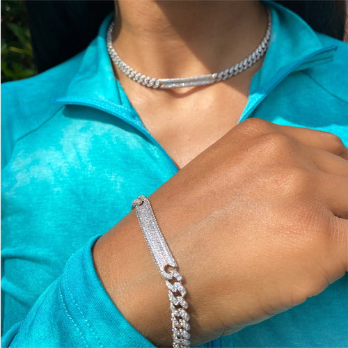 Sterling Silver Choker & Bracelet set w/ Simulated Diamonds